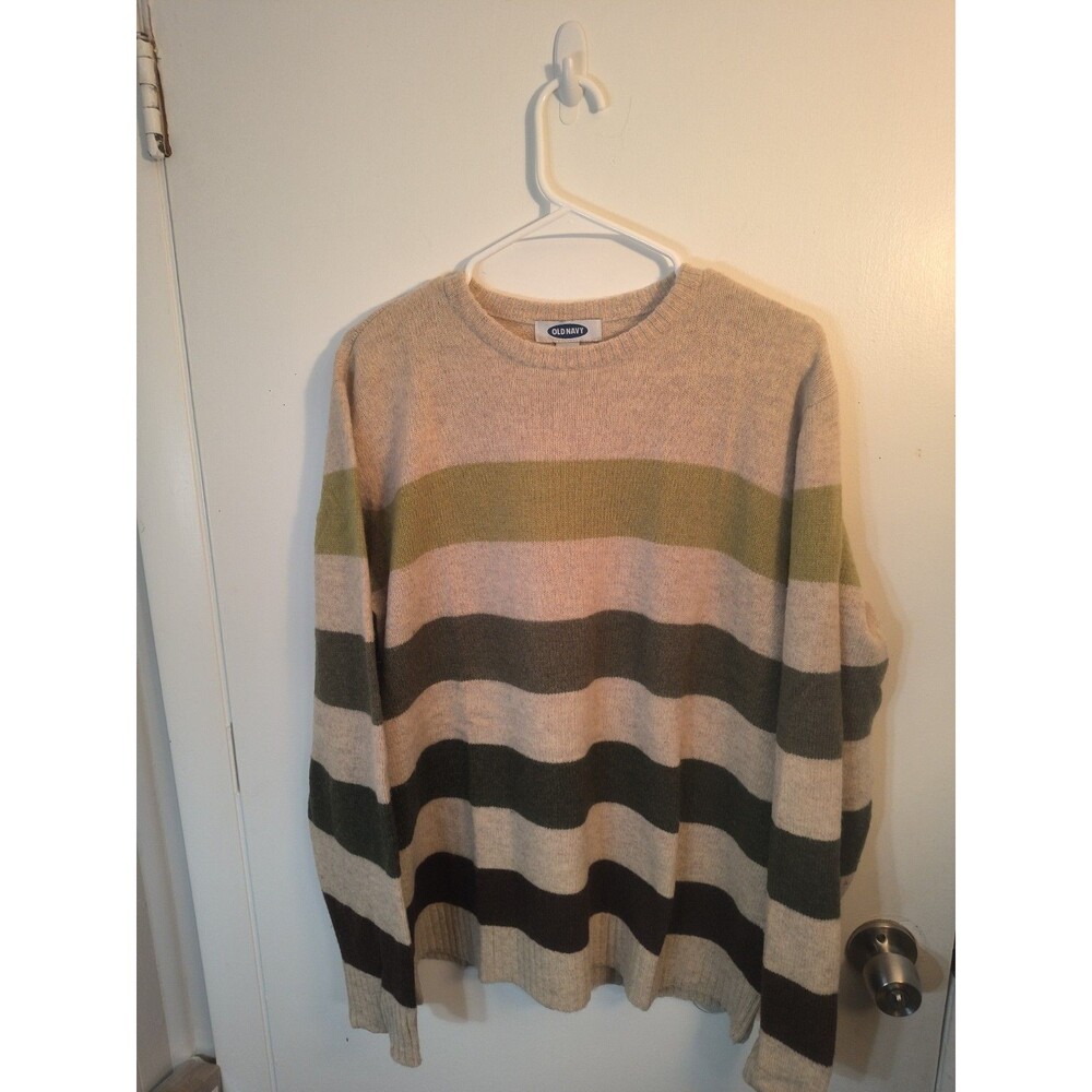 OLD NAVY Lambswool Blend Striped Sweater Large L Earth Tone Green Brown Crewneck
